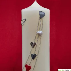 Sale Große Hochzeitskerze Herzreigen in Elfenbein mit silbernen Herzen und Eheringen, personalisierbar, edle Hochzeitsdeko Hochzeitskerzen