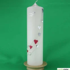 Sale Große Hochzeitskerze Herzreigen in Elfenbein mit silbernen Herzen und Eheringen, personalisierbar, edle Hochzeitsdeko Hochzeitskerzen