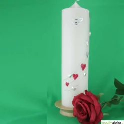 Sale Große Hochzeitskerze Herzreigen in Elfenbein mit silbernen Herzen und Eheringen, personalisierbar, edle Hochzeitsdeko Hochzeitskerzen