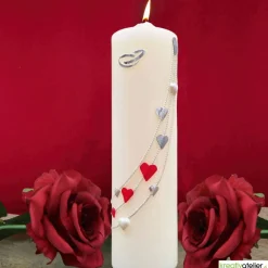 Sale Große Hochzeitskerze Herzreigen in Elfenbein mit silbernen Herzen und Eheringen, personalisierbar, edle Hochzeitsdeko Hochzeitskerzen
