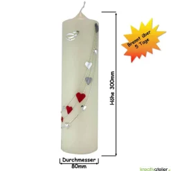 Sale Große Hochzeitskerze Herzreigen in Elfenbein mit silbernen Herzen und Eheringen, personalisierbar, edle Hochzeitsdeko Hochzeitskerzen