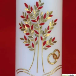 Hochzeitskerzen|Kreativatelier A & V Große Hochzeitskerze Lebensbaum und Eheringe, personalisierbar, Rubin/Gold, Hochzeitsgeschenk, edle Hochzeitsdeko