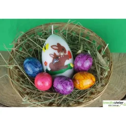 Outlet große Ostereikerze in weiß mit Hasenmutter, Hasenkind und bunten Ostereiern verziert, Osterdeko, Ostergeschenk Osterkerzen