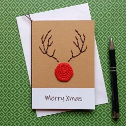 Discount Grußkarte Weihnachten Rentier Rudolph the Red-Nosed Reindeer gehäkelt und gestickt mit Wunschtext Weihnachtskarten