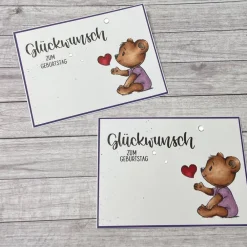 Outlet Grußkarten / Glückwunschkarten für Kinder zum Geburtstag, Happy Birthday, süßer Bär mit Herz für Mädchen lila Handarbeit Kinder Glückwunschkarten
