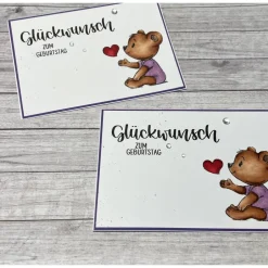 Outlet Grußkarten / Glückwunschkarten für Kinder zum Geburtstag, Happy Birthday, süßer Bär mit Herz für Mädchen lila Handarbeit Kinder Glückwunschkarten