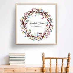 Hochzeitsgästebuch|MADYES Gästebuch Hochzeit Fingerabdruck Leinwand Personalisiert Ring Brautpaar Geschenk Hochzeitsdekoration Namen 50x50 cm Hochzeitsgeschenk