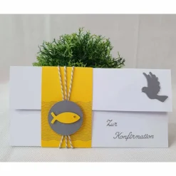 Sale Gutschein- oder Geldgeschenkverpackung Kommunion - Konfirmation - Taufe, Weiß-Gelb-Grau mit Fischen Geldgeschenke