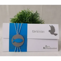 Geldgeschenke|CreativAnita Gutschein- oder Geldgeschenkverpackung Kommunion - Konfirmation - Taufe, Weiß-Türkis-Grau mit Fischen