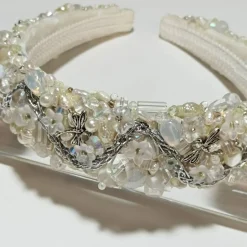 Haarschmuck & Kopfputz|kunstpause Handgefertigter Haarreif Brautschmuck weiß creme funkelnd silberfarben oder goldfarben – Unikat handbestickt