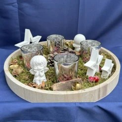 Hot Handgefertigtes Advents-Tablett mit Engeln, Moos & Teelichthaltern – natürliche Weihnachtsdeko Adventskränze