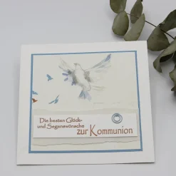 Glückwunschkarten|Kartenmeer Handgemachte Kommunionkarte Taube – Blau Weiß – Edle Glückwunschkarte zur Erstkommunion