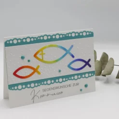 Glückwunschkarten|Kartenmeer Handgemachte Kommunionkarte Fische -  regenbogenfarben – Unikat zur Erstkommunion