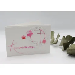 Clearance Handgemachte Kommunionskarte Mädchen – Kreuz im Kreis, rosa-pink, Aquarell, Unikat Glückwunschkarten
