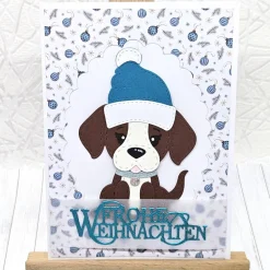 Weihnachtskarten|Kleine Schätze Handgemachte Weihnachtskarte A6 mit Hundeanhänger blau – Unikat inkl. Umschlag & Dekoanhänger