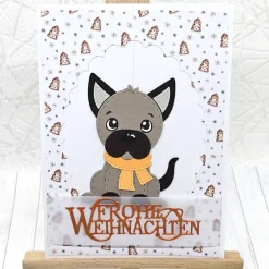 Weihnachtskarten|Kleine Schätze Handgemachte Weihnachtskarte mit Hundeanhänger – Unikat, A6, Umschlag & Dekoanhänger, orange