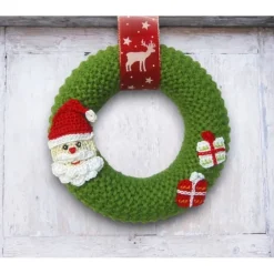 Weihnachtsdeko|SaVö-Design Häkelapplikationen Handgemachter Strickkranz Weihnachten – Kleiner Wandkranz mit Weihnachtsmann, Advent Türkranz 17,5cm