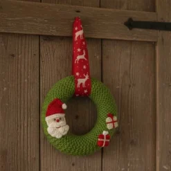 Weihnachtsdeko|SaVö-Design Häkelapplikationen Handgemachter Strickkranz Weihnachten – Kleiner Wandkranz mit Weihnachtsmann, Advent Türkranz 17,5cm