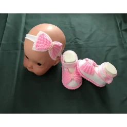 Handgemachtes Taufset  *little girl* für Mädchen – Haarband & Babyschühchen Weiß-Rosa mit Perlen Geschenke