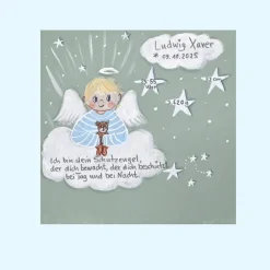 Best Handgemaltes Schutzengel Taufgeschenk Junge – Personalisiertes Engelbild mit Teddy zur Taufe & Geburt, 20x20 cm Geschenke