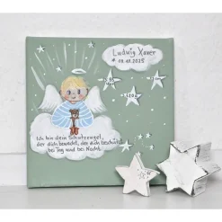 Best Handgemaltes Schutzengel Taufgeschenk Junge – Personalisiertes Engelbild mit Teddy zur Taufe & Geburt, 20x20 cm Geschenke