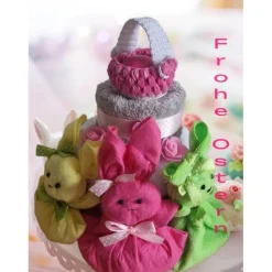 Clearance Handtuchtorte Geschenk Ostern für Frauen mit Hase aus Spültuch und gehäkeltem Körbchen Osterkörbchen