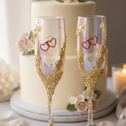 Hochzeitsdeko|Scent of Beauty Design Handverzierte Champagnergläser „Heart of Gold“ – Exklusive Hochzeitsgläser mit goldenen Herzen