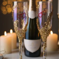 Hochzeitsdeko|Scent of Beauty Design Handverzierte Champagnergläser „Heart of Gold“ – Exklusive Hochzeitsgläser mit goldenen Herzen