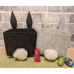 Sale Hasenkörbchen „Frohe Ostern“ aus Filz – Osterkorb mit Ohren und Puschel, Schwarz oder Hellgrau, 14x14x22cm Geschenkverpackungen
