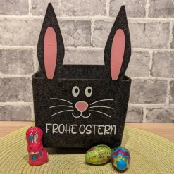 Sale Hasenkörbchen „Frohe Ostern“ aus Filz – Osterkorb mit Ohren und Puschel, Schwarz oder Hellgrau, 14x14x22cm Geschenkverpackungen