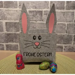 Sale Hasenkörbchen „Frohe Ostern“ aus Filz – Osterkorb mit Ohren und Puschel, Schwarz oder Hellgrau, 14x14x22cm Geschenkverpackungen