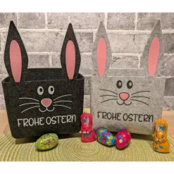 Sale Hasenkörbchen „Frohe Ostern“ aus Filz – Osterkorb mit Ohren und Puschel, Schwarz oder Hellgrau, 14x14x22cm Geschenkverpackungen