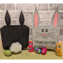 Sale Hasenkörbchen „Frohe Ostern“ aus Filz – Osterkorb mit Ohren und Puschel, Schwarz oder Hellgrau, 14x14x22cm Geschenkverpackungen