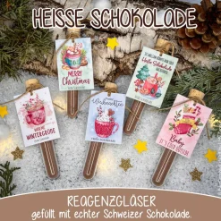 Hot Heiße Schokolade im Reagenzglas aus echter Schweizer Schokolade, Weihnachtsgeschenk, Wichtelgeschenk Weihnachtsgeschenke