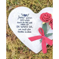 Outlet Herz aus Beton mit Schriftzug und Kunstrose Grabschmuck Trauer Grabgesteck Grabherz Gedenksteine