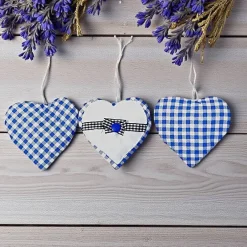 Sale Herzanhänger im 3-er Set, Stoffherzen zum aufhängen blau und weiß kariert Baumschmuck