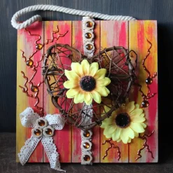 Clearance Herzbild WEIDENHERZ Geschenk zum Valentinstag Muttertag Vatertag Acrylbild Collage auf einer Holzplatte Kunst