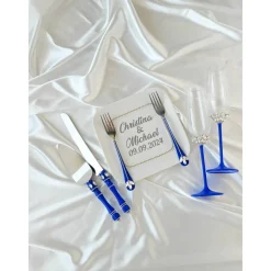 Hochzeitsaccessoires Hochzeitsgläser Sektgläser Hochzeitskerzen Brautaccessoires mit Namen Tortenmesser Tortenheber blau Hochzeitsdeko