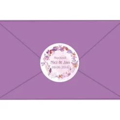Best Hochzeitsaufkleber | Blumenkranz - mit Blättern & Schmetterlingen - flieder braun Gastgeschenke