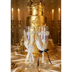 Sale Hochzeits-Champagnergläser „Love Sparkle“ – Handverzierte Sektgläser mit Perlen, AB-Schimmer & Federn im Brautpaar-Look Hochzeitsdeko