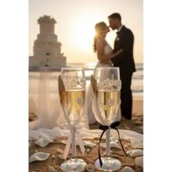 Sale Hochzeits-Champagnergläser „Love Sparkle“ – Handverzierte Sektgläser mit Perlen, AB-Schimmer & Federn im Brautpaar-Look Hochzeitsdeko