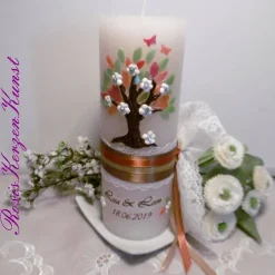 Online HOCHZEITSKERZE * Rustikkerze * Motiv Lebensbaum * mit Spitzenband, Satinbändern im Vintage-Look Hochzeitskerzen