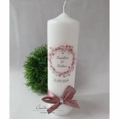 Online Hochzeitskerze Blütenkranz - Blumen - Rosa-Beere - Personalisiert Hochzeitskerzen