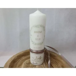 Hochzeitskerze Blätterkranz - Grün-Braun-Taupe - Personalisiert Hochzeitskerzen