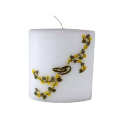 Hochzeitskerzen|Kreativatelier A & V Hochzeitskerze Blumenranke, ovale Formenkerze, gelb/gold mit Ringen, Sonderform, Hochzeitsgeschenk Kerze, personalisierb