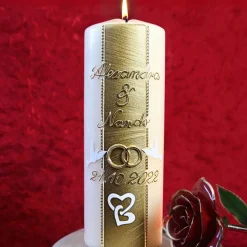Hochzeitsalben|Kreativatelier A & V Hochzeitskerze Champagner mit Perlstreifen, Tauben und Eheringen, personalisierbar, ideal als Hochzeitsgeschenk