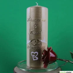 Hochzeitsalben|Kreativatelier A & V Hochzeitskerze Champagner mit Perlstreifen, Tauben und Eheringen, personalisierbar, ideal als Hochzeitsgeschenk