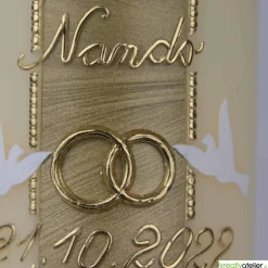 Hochzeitsalben|Kreativatelier A & V Hochzeitskerze Champagner mit Perlstreifen, Tauben und Eheringen, personalisierbar, ideal als Hochzeitsgeschenk