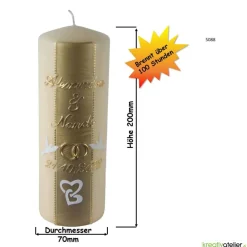 Hochzeitsalben|Kreativatelier A & V Hochzeitskerze Champagner mit Perlstreifen, Tauben und Eheringen, personalisierbar, ideal als Hochzeitsgeschenk