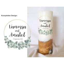 Hochzeitskerzen|Das Moment Hochzeitskerze Design Eukalyptus unten - Holzkerze